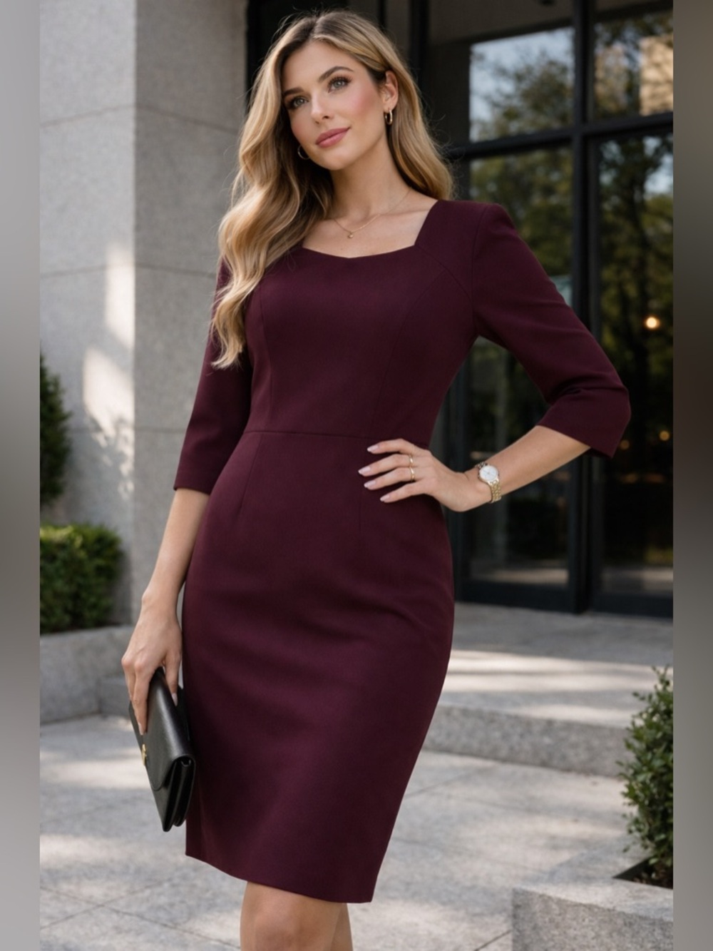 Halogen Burgundy Sheath Dress, Midi, Work Office Size 14, Classic Structured Fit